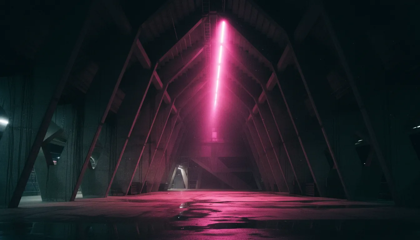 Pink light in a dark hall, a self-initiated image study made with Krea