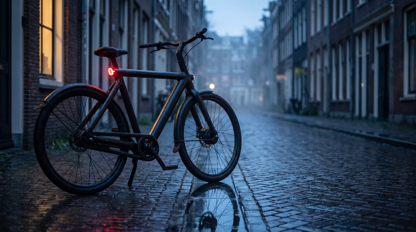 E-bike on wet cobblestones, a self-initiated image study made with Krea