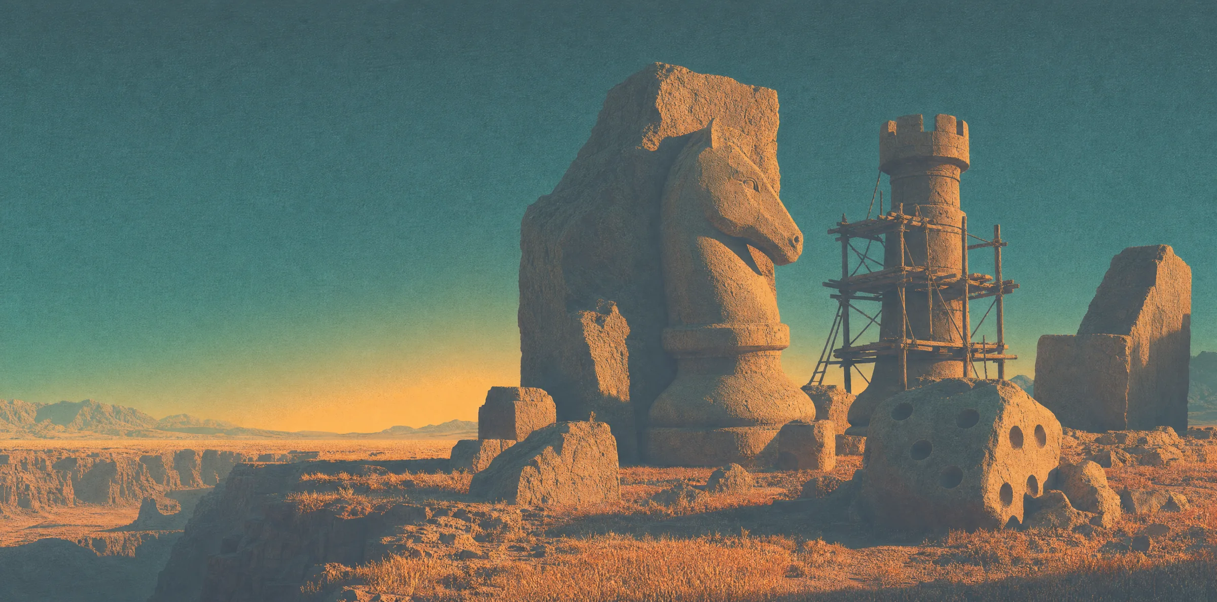 Half-carved stone monuments of a chess knight, a rook in scaffolding and a die in a desert workshop